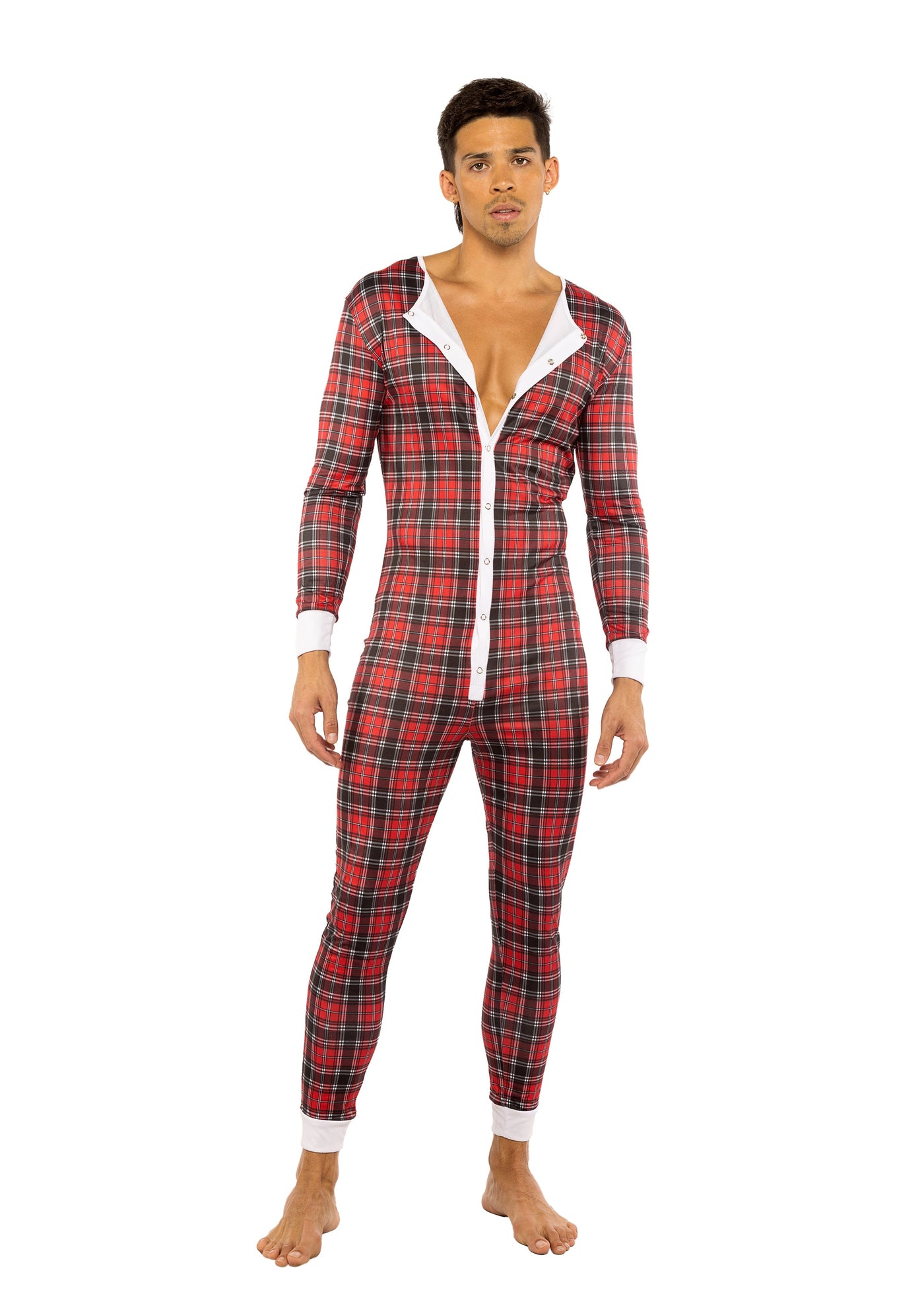 Mens Plaid Union Suit with Open Butt Flap