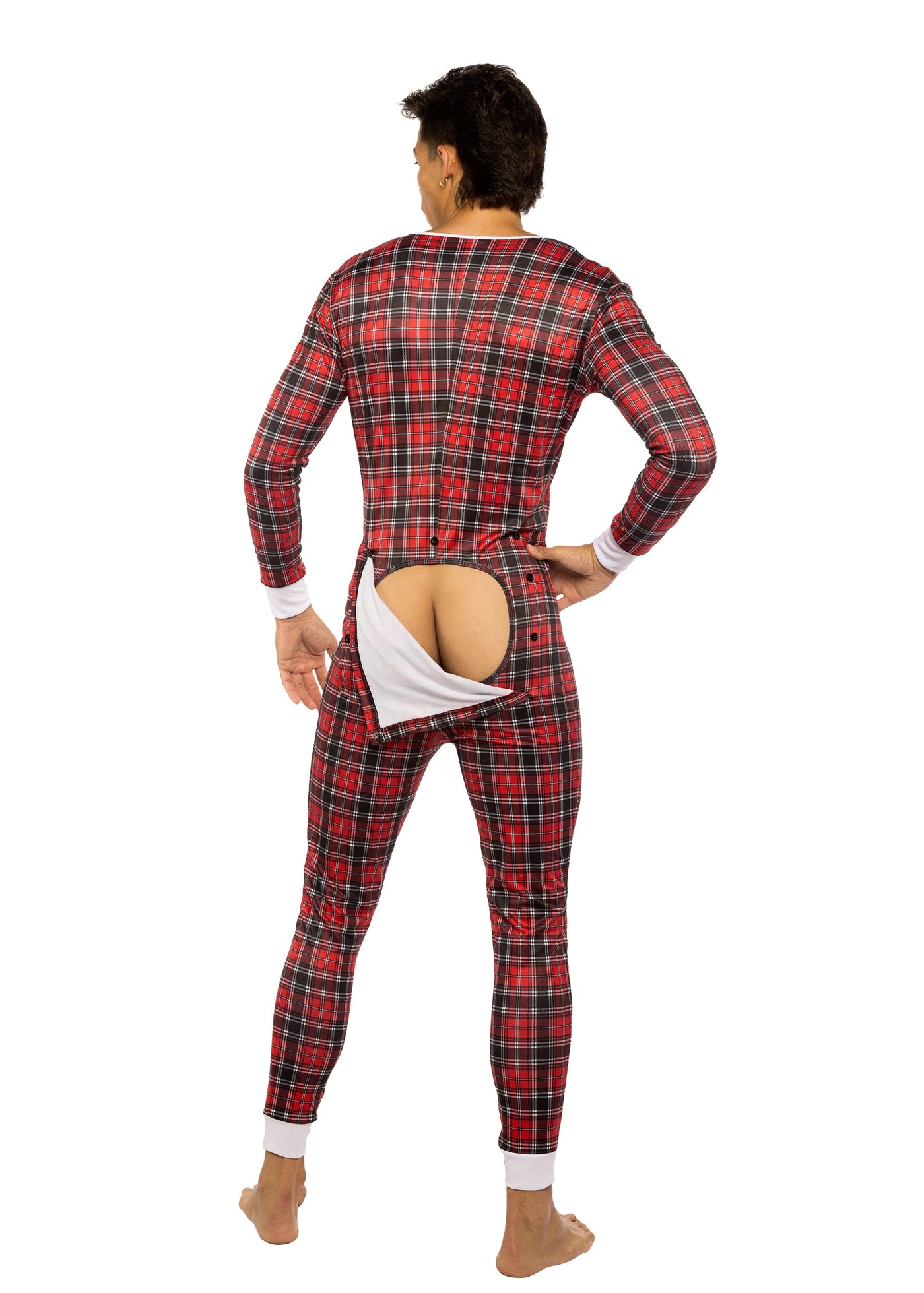 Mens Plaid Union Suit with Open Butt Flap